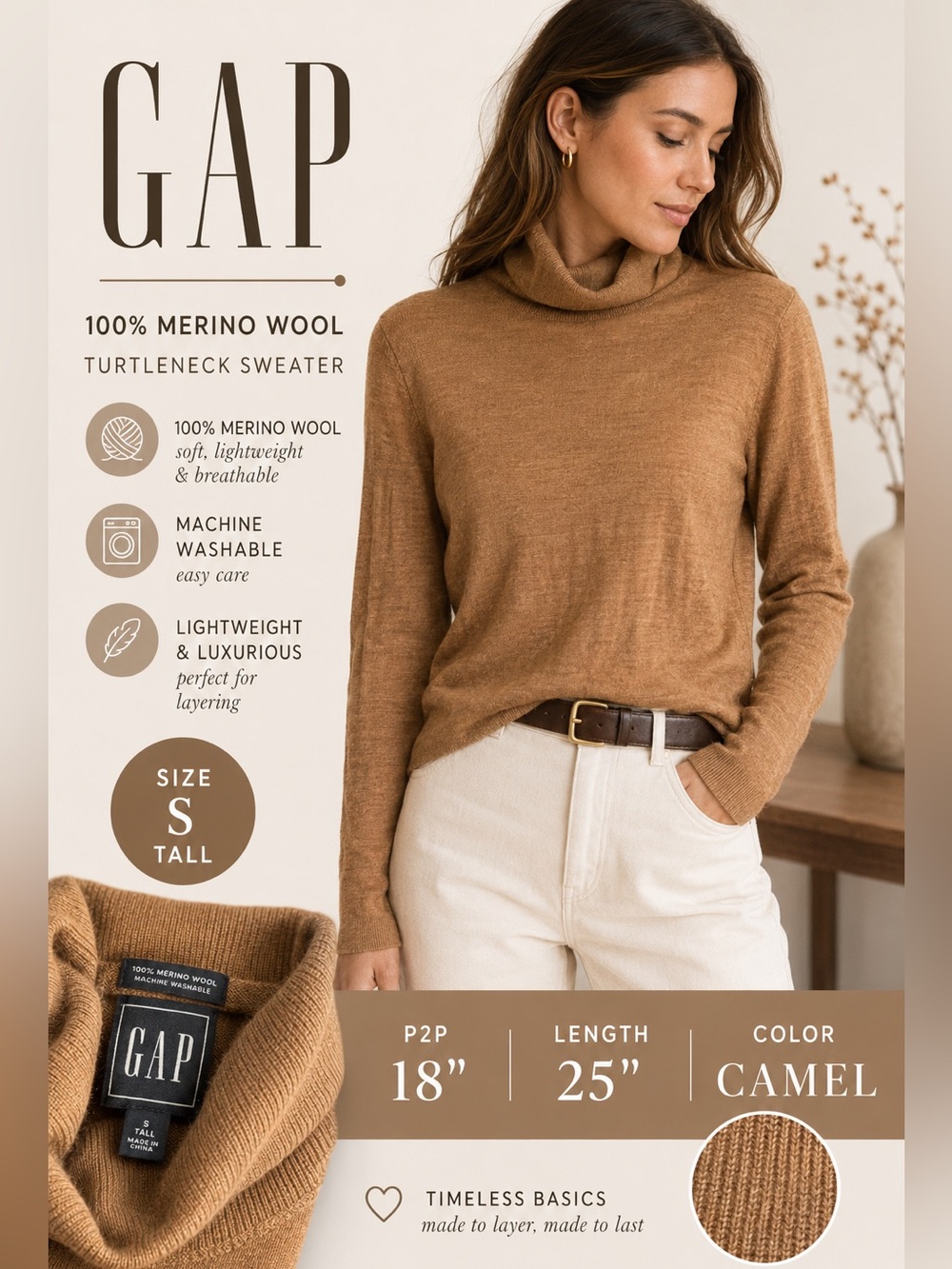 GAP 100% Merino Wool Camel Turtleneck Sweater Size Small Tall